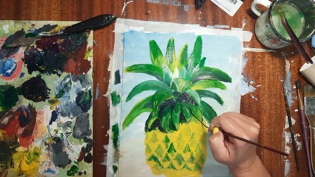 Как нарисовать ананас. Нарисуем натюрморт. Скетч гуашью. Картина для начинающих. Ананас гуашью. смотреть онлайн