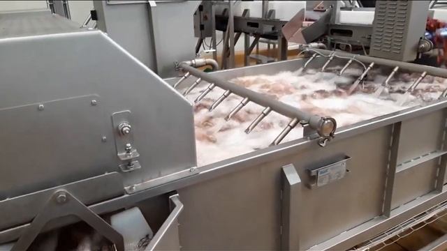 Линия подготовки клубники к шоковой заморозке с помощью туннелей IQF. Барботажная и щеточная мойки. смотреть онлайн
