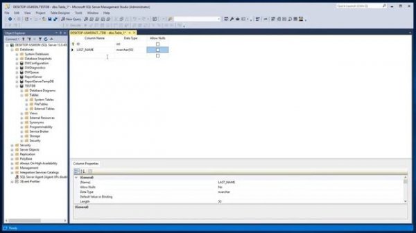 Работа с MS SQL Server Management Studio. Создание таблицы.