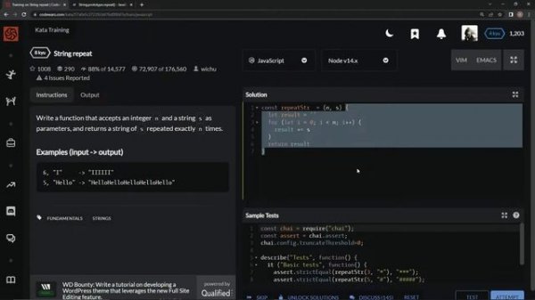 Codewars 8 kyu String Repeat Javascript