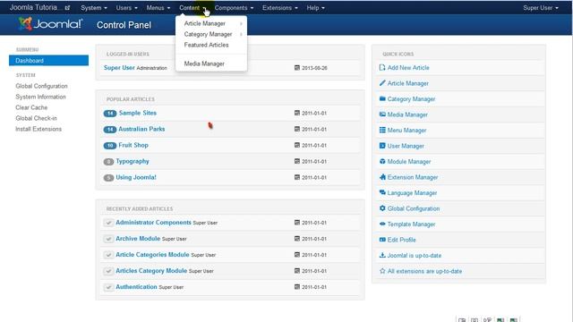 Joomla Tutorial Control Panel Dashboard смотреть онлайн