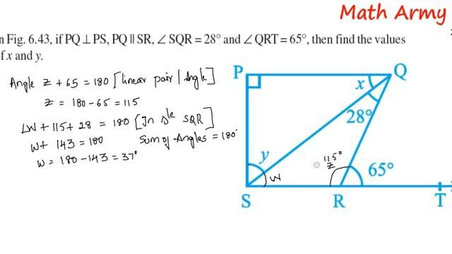 If PQ is perpendicular PS and PQ is parallel to SR. Angle SQR = 28 and QRT = 65. Find x and Y. смотреть онлайн