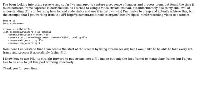 Raspberry Pi: Taking a video stream with io.bytesio() and accessing frames during recording time смотреть онлайн