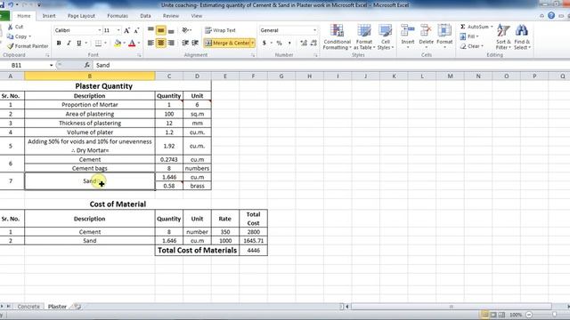 Plaster Work-Estimating quantity of Cement and Sand for Plaster in Microsoft Excel-Unite Coaching смотреть онлайн