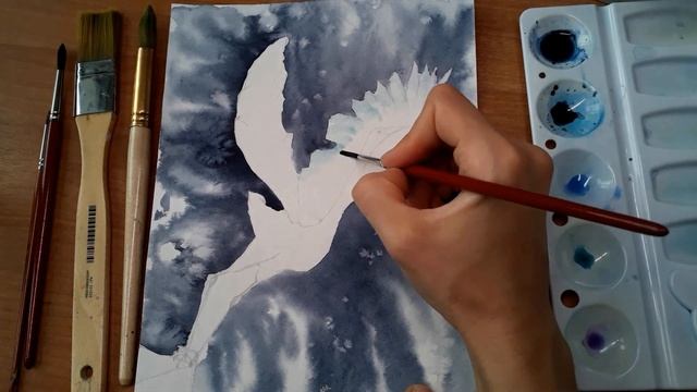 Рисуем журавля / белую птицу акварелью. смотреть онлайн