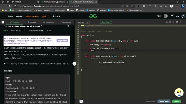 Delete middle element of a stack GFG POTD 15/07/2023#java #coding #code #programming #codinglife смотреть онлайн