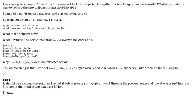 Restoring data from dumped sql file gives: mysql: unknown option '--innodb_file_per_table смотреть онлайн