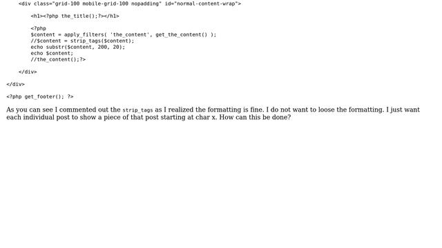 Wordpress: Load Posts' individual body content on index starting at char 200 of each post смотреть онлайн
