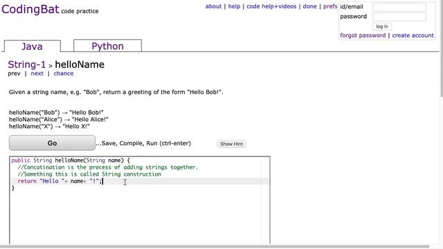 Codingbat - helloName (Java) смотреть онлайн