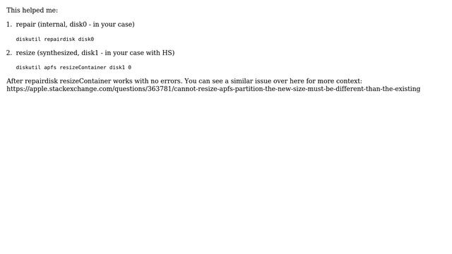 Apple: Cannot resize APFS partition - "The new size must be different than the existing size" смотреть онлайн
