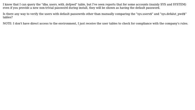 Databases: How to determine if users have the default password in Oracle 12c? смотреть онлайн