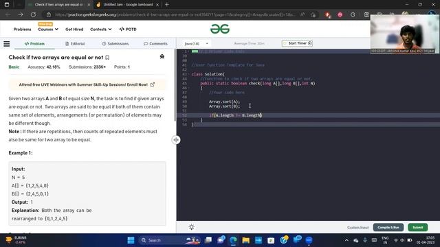 Check if two arrays are equal or not | GeeksForGeeks DSA question solved Array in java | practice D смотреть онлайн