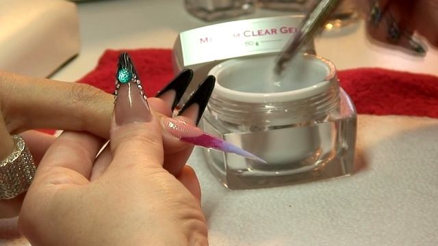 Mystic Nails - Classic Line: Stiletto Style Decorated With Color Gel And Nail Jewellery.