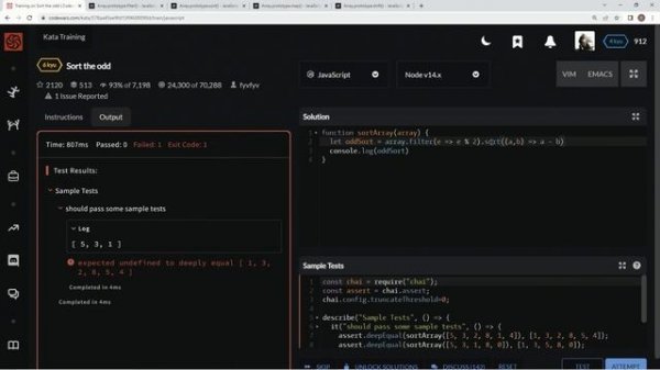 Codewars 6 kyu Sort the Odd Javascript