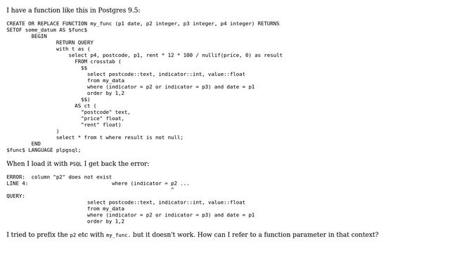 Databases: Referring to function parameters inside a Postgres function смотреть онлайн