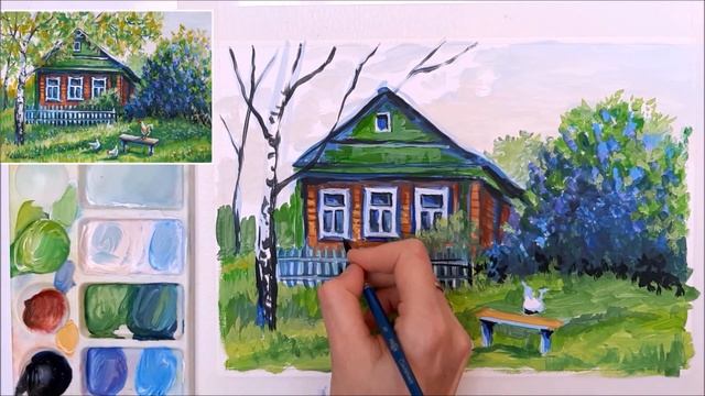 ДЕРЕВЕНСКИЙ ПЕЙЗАЖ С КУРОЧКАМИ. ДЕРЕВНЯ. РИСУНОК ГУАШЬЮ ПОЭТАПНО. КАК НАРИСОВАТЬ ДЕРЕВНЮ смотреть онлайн