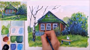 ДЕРЕВЕНСКИЙ ПЕЙЗАЖ С КУРОЧКАМИ. ДЕРЕВНЯ. РИСУНОК  ГУАШЬЮ ПОЭТАПНО. КАК НАРИСОВАТЬ ДЕРЕВНЮ