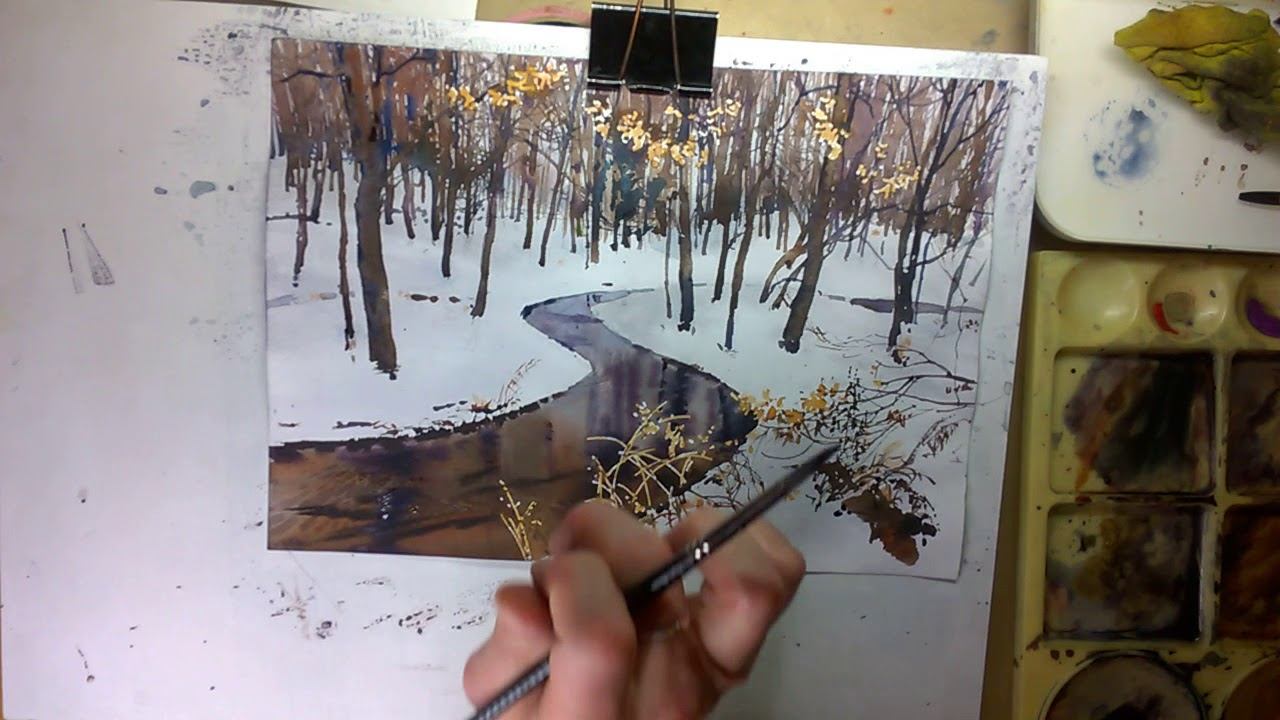 "Зимний ручей" акварельный пейзаж в сближенной цветовой гамме (окончание) смотреть онлайн