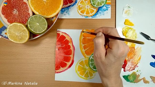 РИСУЕМ АКРИЛОМ ЯРКО, СОЧНО, ПОЗИТИВНО! живопись мастихином | как нарисовать ЦИТРУСОВЫЕ акрилом смотреть онлайн
