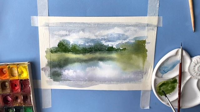 Как нарисовать пейзаж с озером и лесом акварелью. Watercolor landscape tutorial смотреть онлайн