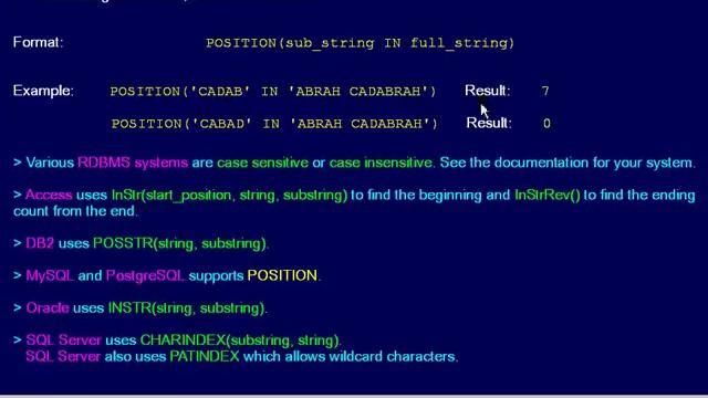 SQL 083 Numeric Scalar, POSITION or What is the starting position of a sub-string? смотреть онлайн