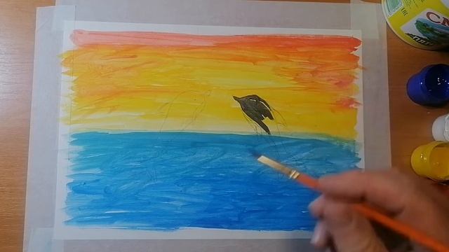 Рисунок гуашь Дельфины в море. Учимся рисовать. смотреть онлайн