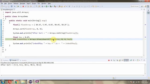 How to use binarySearch(float[] a, int fromIndex, int toIndex, float key) method of Arrays Class? смотреть онлайн