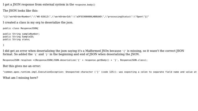 Salesforce: Unexpected character ('}' during JSON desearilization смотреть онлайн