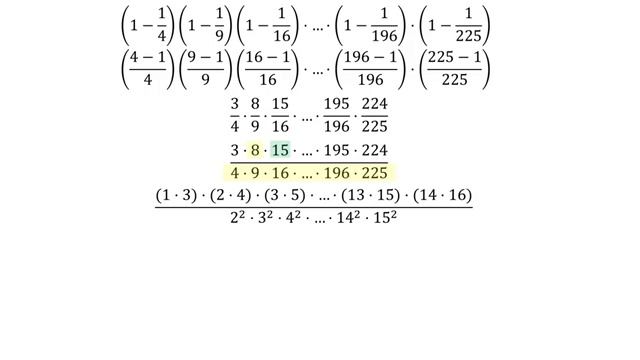 Сможешь найти произведение? (1-1/4)*(1-1/9)*(1-1/16)*(1/-1/25)*...*(1-1/225) смотреть онлайн