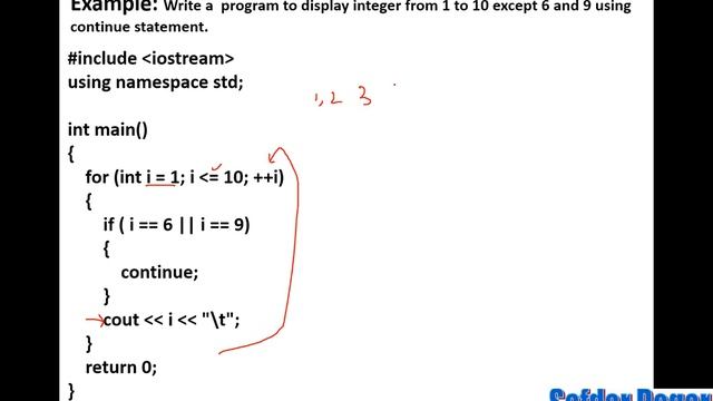 Program to display integer from 1 to 10 except 6 and 9 using continue statement C++ смотреть онлайн