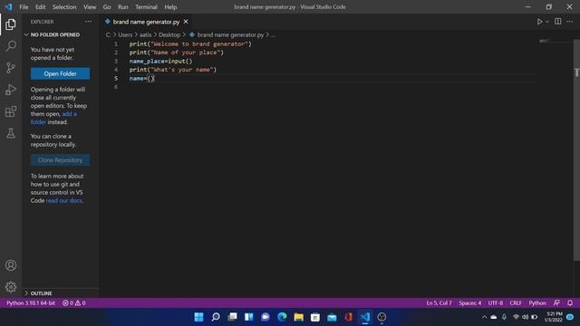 Python Brand Name generator {Basic} | with user name and place name | Beginner Project | Python | смотреть онлайн