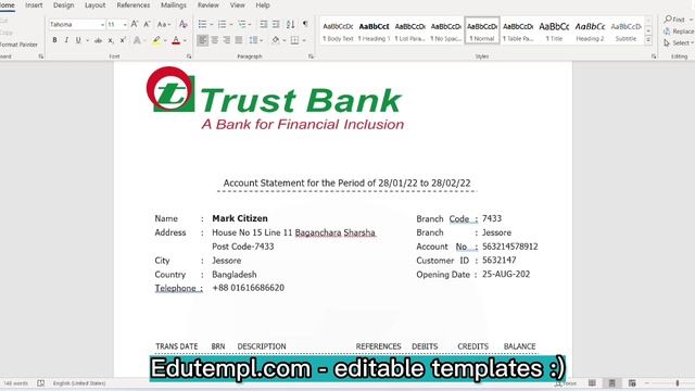 Bangladesh Trust Banking Statement Word And PDF Template