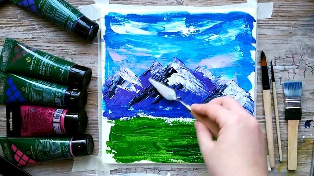 Как нарисовать СНЕЖНЫЕ ГОРЫ мастихином, акрилом | Горный альпийский пейзаж | Урок рисования пошагов смотреть онлайн