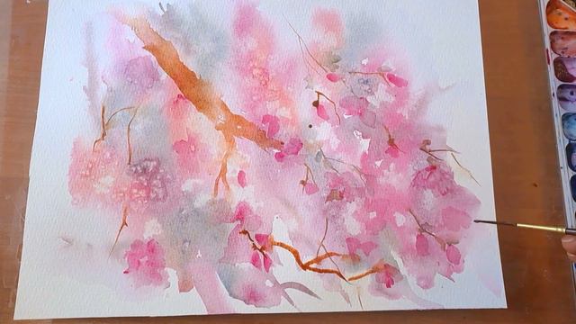Цветущая сакура акварелью просто. Акварель для начинающих. how to draw cherry blossoms in watercolo смотреть онлайн