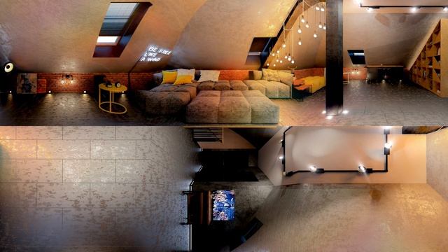 3D панорама в 4К в трех ракурсах интерьера мансарды коттеджа в стиле LOFT смотреть онлайн