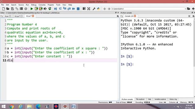 Python Lab Part 4 : Compute of quadratic equation ax2+bx+c=0, values of a, b and c from user смотреть онлайн