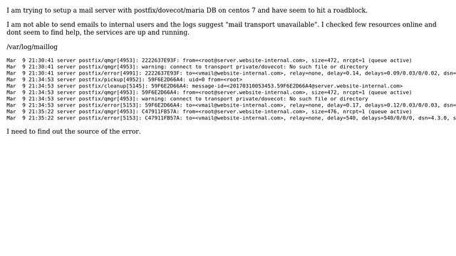 Cannot send email via postfix / dovecot error status=deferred (mail transport unavailable) смотреть онлайн