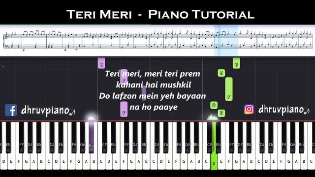 ♫ TERI MERI || 🎹 Piano Tutorial + Sheet Music (with English Notes) + MIDI смотреть онлайн