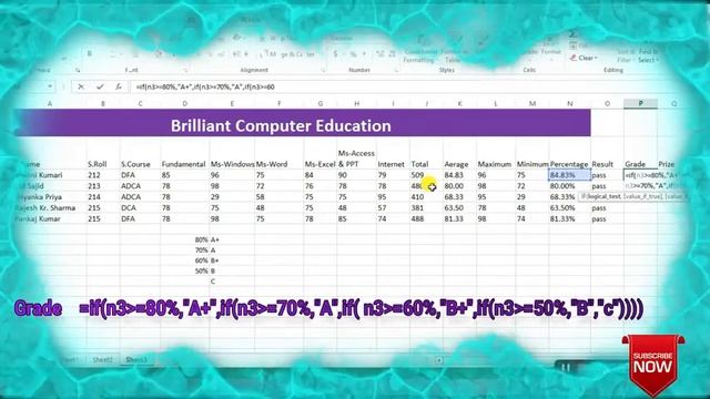 Ms- Excel 2013 ( Percentage, Result, Grade, Prize)