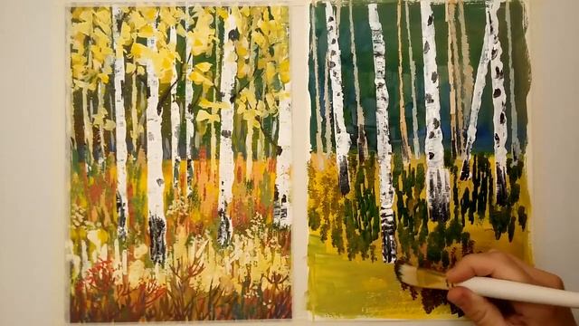 Осенние березки (рисуем пластиковой картой) смотреть онлайн