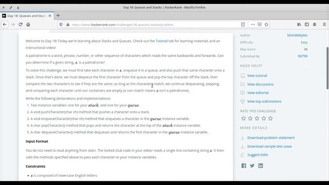 Day 18:Queues and Stacks| Problem Solving|HackerRank 30 days of code |Solution|Java|Hindi|#DesiCode смотреть онлайн