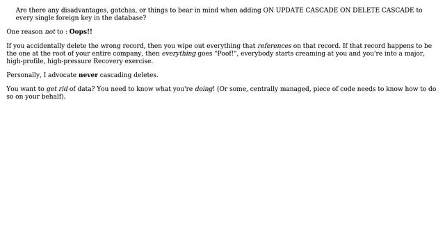 Databases: Disadvantages to using ON DELETE CASCADE on every foreign key? (5 Solutions!!) смотреть онлайн