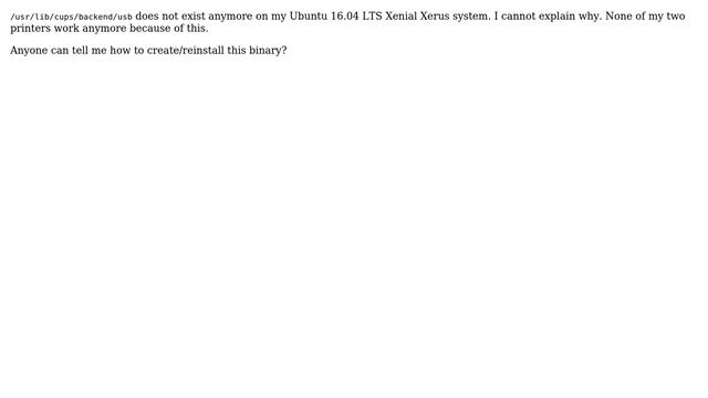 Unix & Linux: CUPS: '/usr/lib/cups/backend/usb': No such file or directory - Missing/deleted смотреть онлайн