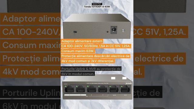 Tenda TEF1106P-4-63W | Switch PoE+ 6 Porturi Fast Ethernet Din Care 4 PoE+ Cu Două Moduri De Lucru