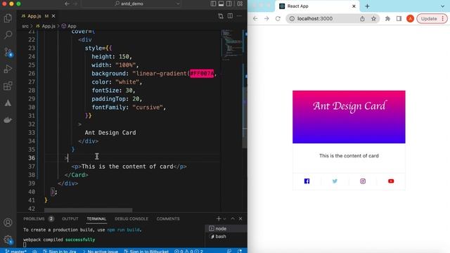 How to Create React JS Card Component Using Ant Design UI | Antd Card Title, Avatar and Social Link смотреть онлайн