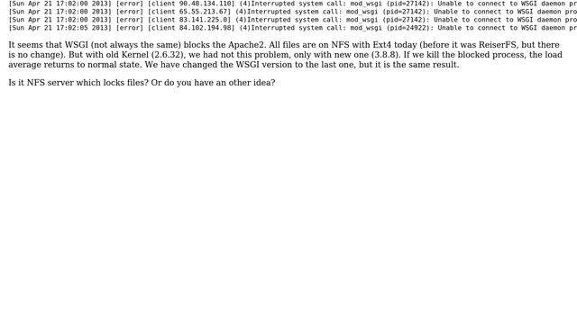 Kernel 3.8, Apache2 with WSGI : INFO: task apache2 blocked for more than 120 seconds смотреть онлайн