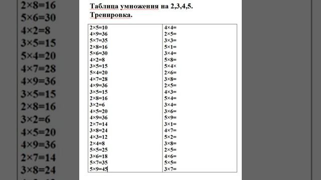 Таблица умножения на 2, 3, 4, 5 Тренировка #математика #умножение #таблицаумножения смотреть онлайн