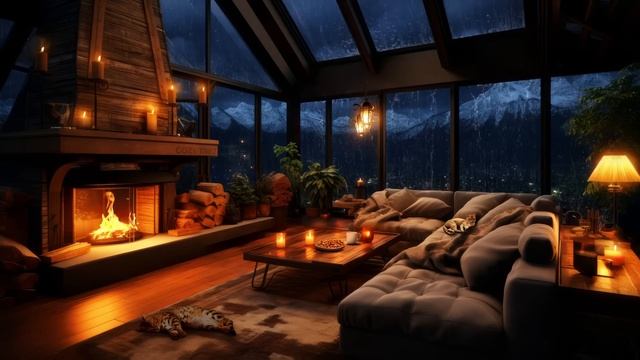 Thunderstorm & Rain with Lightnings behind the Mountains, Crackling Fireplace & Sleeping Cats смотреть онлайн