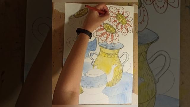 Рисуем декоративный натюрморт акварелью и карандашами. Школа рисования для детей. смотреть онлайн