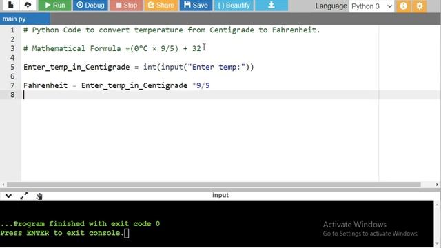Python Code to convert temperature from Centigrade to Fahrenheit. смотреть онлайн